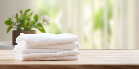 White towel pile on wooden bathroom table with room - obrazy, fototapety, plakaty