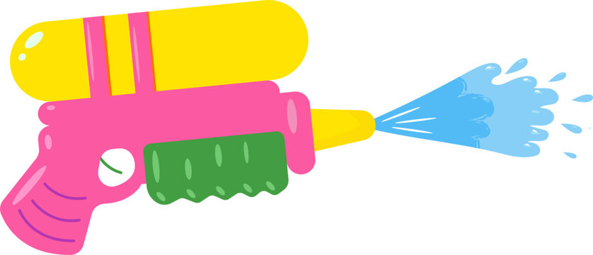 Water gun illustration. Plastic summer toy. Gun with water splash. Flat vector illustration isolated on transparent background