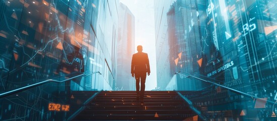 Double exposure of businessman climbing stairs of success. Concept of success, ambitions, career growth - obrazy, fototapety, plakaty
