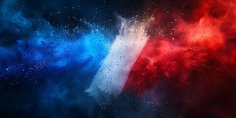 Fototapeta premium Vibrant tricolor French flag painted powder burst on white backdrop, representing France, Europe, and soccer, perfect for travel and tourism promotion.