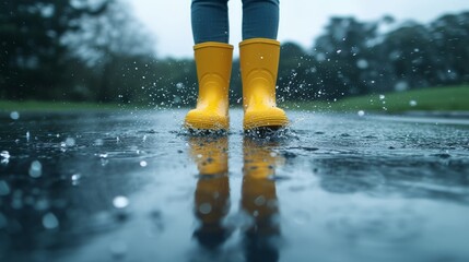Joyful splashing in puddles with bright yellow rubber boots