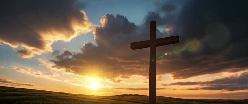 Wooden cross with sunset clouds and lens flare effect animation