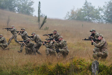 A disciplined and specialized military unit, donned in camouflage, strategically patrolling and...