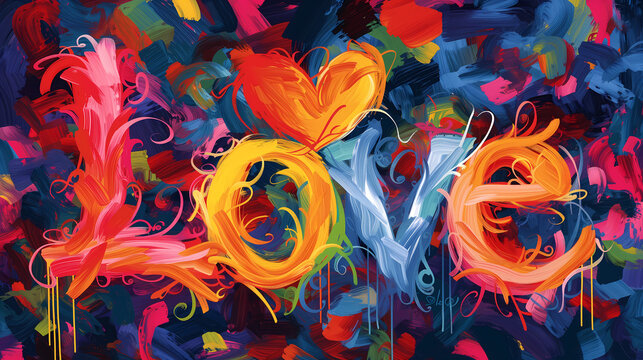 Love Colorful Lettering in Abstract Style. Banner illustration for Valentine's Day.
