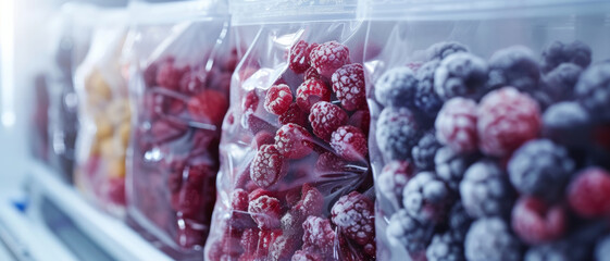 Frozen berries in plastic bags inside a freezer
