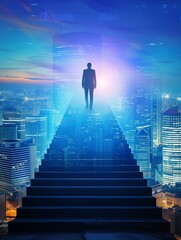 Ambitious business man climbing stairs to meet incoming challenge and business opportunity. The high stair represents the concept of career path success, future planning and business competitions. - obrazy, fototapety, plakaty