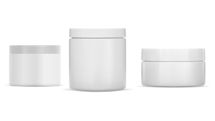 Cream jar mockup. Cosmetic product package template, isolated vector blank. Round face powder container design. Plastic packaging for body butter or mask with lid. Creme canister set