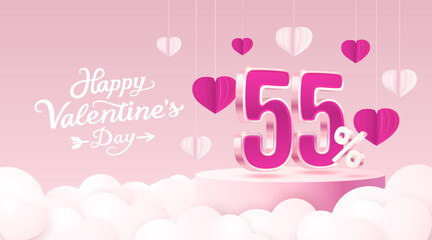 Happy Valentine day, Mega sale, special offer, 55 off sale banner. Sign board promotion. Vector illustration