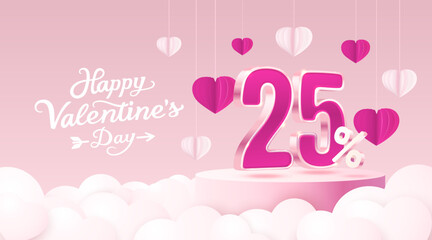 Happy Valentine day, Mega sale, special offer, 25 off sale banner. Sign board promotion. Vector illustration