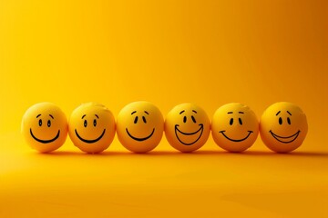 Happy golden yellow laughing smiley row, round smiling balls grin, smile or smirk, happiness, good mood and humor. Warmth feeling of teamwork, togetherness, positive atmosphere in customer interaction - obrazy, fototapety, plakaty