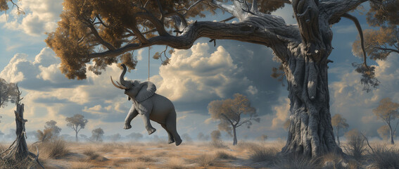 An elephant dangles from a tree in a unique artistic style, blending whimsy and wonder in a captivating portrayal of nature's beauty and imagination.