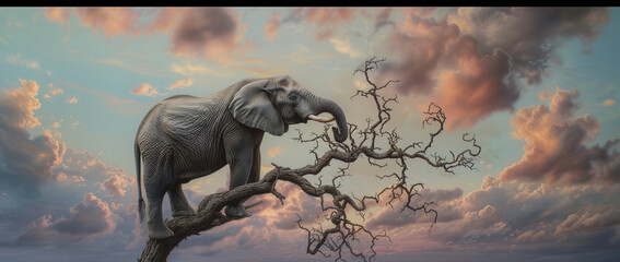 An elephant perched in a tree, rendered in the photorealistic style, brings a stunning blend of realism and artistry, showcasing the majestic creature in a breathtakingly detailed portrayal.