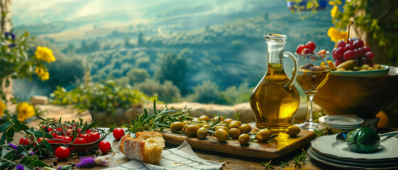 Gourmet symphony of the natural wealth of extra virgin olive oil, cozy atmosphere, ultra-wide view