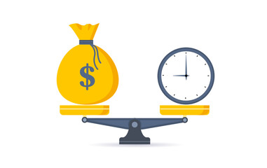 Time is money. Clock and dollar bag a balance scale. Financial concept .Time value of money asset growth over time depicts investment in long-term equity. Vector