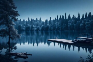 Dive into the nostalgic charm of a Sunday night by the lake with a serene retro minimalist monochromatic scene.