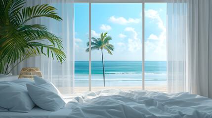 Fototapeta premium Luxurious bedroom overlooking the ocean and palm trees