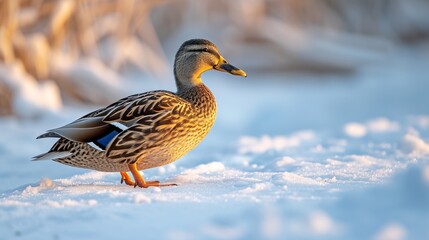 A wild duck with speckled plumage stands diligently in the fresh snow, a portrait of winter's grace