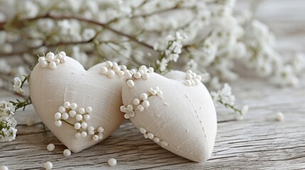 Handcrafted heart-shaped cushions with delicate embellishments on a rustic backdrop