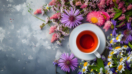 Obraz na płótnie Canvas A cup of aromatic tea on a background with flowers