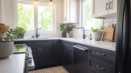 Fototapeta premium Black and white tiny compact modern kitchen, small minimalist kitchen with stylish design