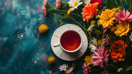 A cup of aromatic tea on a background with flowers