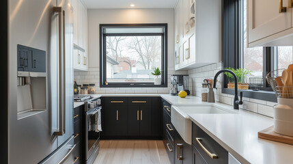 Black and white tiny compact modern kitchen, small minimalist kitchen with stylish design - obrazy, fototapety, plakaty