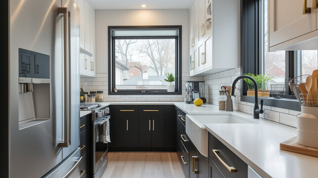 Black and white tiny compact modern kitchen, small minimalist kitchen with stylish design