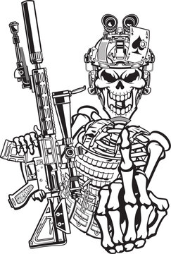 Skeleton military sniper holding sniper rifle and showing middle finger
