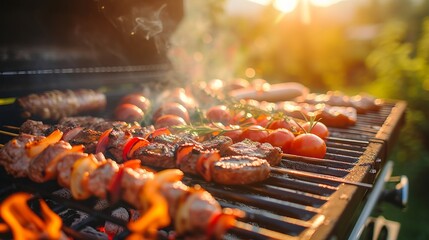 Sizzling barbecue delights grilling in a summer backyard cookout - obrazy, fototapety, plakaty