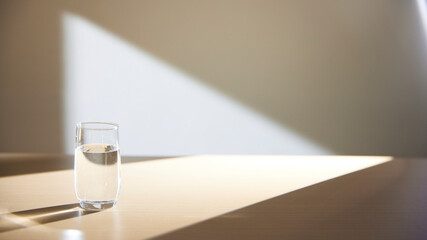 A water cup and shadow on a table in the sunlight.