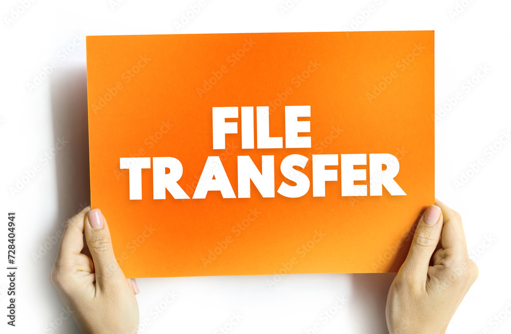 Poster file transfer - exchange of data files between computer systems, text concept on card for presentati
