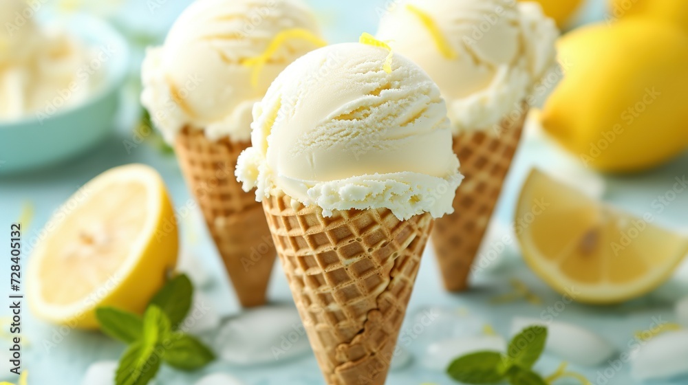 Wall mural refreshing ice cream in waffle cones with lemon flavour