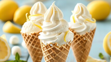 Refreshing ice cream in waffle cones with lemon flavour - obrazy, fototapety, plakaty