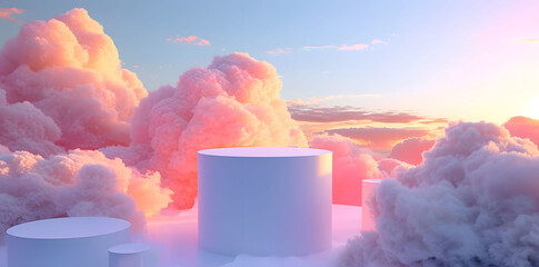 abstraction depicting three spheres of different sizes on a white surface against a background of pink clouds and blue sky