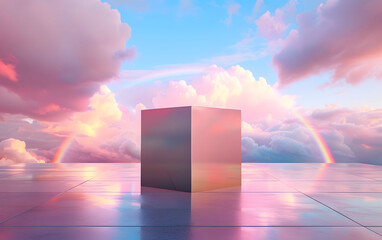 abstraction depicting a cube on a shiny surface against a background of pink clouds, blue sky and rainbows