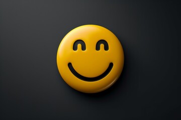 Fototapeta premium Golden smiley ball button, round yellow smile symbol, grin, smirk, and laughter, radiating good humor. Joyful happy positive vibes icon on black. Warmth childlike feelings, customer service excellence