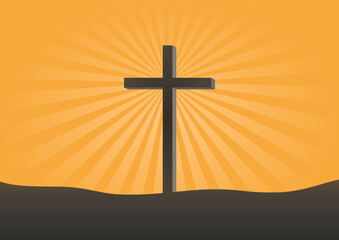 Abstract Christ Cross on the Mountain with Sunburst Background, Suitable for Religion Concept.