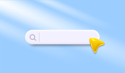 3d search bar template for website. Navigation search for web browser. 3d arrow mouse cursor. Ask question template banner. Support FAQ information web bar. Vector