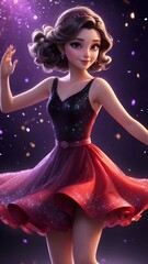 Enchanting Elegance, Black-Haired Beauty in Radiant Frock Dancing on Glittered Night, Beautiful girl dancing in the colourful night, Cute beautiful girl wallpaper