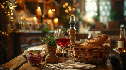 Rustic dining scene with a selection of wines and a warm, inviting ambiance