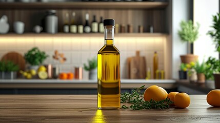Gourmet cooking oil bottle mockup on a kitchen counter background 