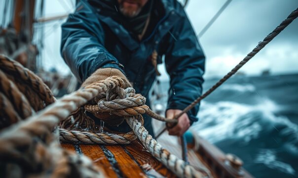 fisherman relaxed moment on a sailboat, hands coiling a rope, details of the weathered deck and the sea beyond