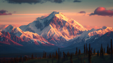 A photo of Denali National Park, with the snow-covered peak of Mount McKinley as the background, during the soft light of the midnight sun
