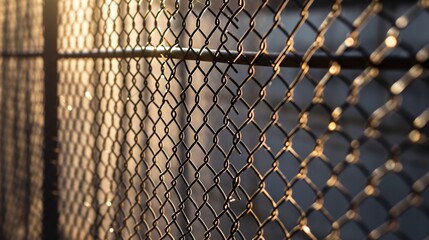 Sunlit steel mesh with intricate grid pattern and backlight.