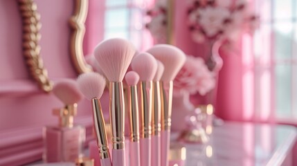 High-end makeup brush set mockup on a vanity background 