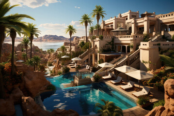 Fototapeta premium Oriental hotel for relaxation with a swimming pool and palm trees