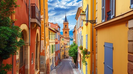 Charming vibrant street design and cathedral scenery tourist spot in the French Riviera region of France. - obrazy, fototapety, plakaty