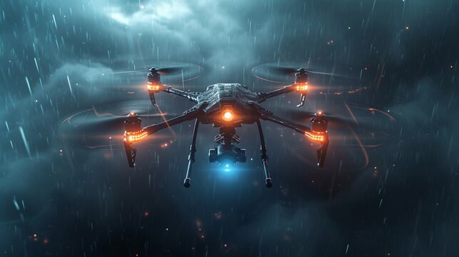 High-tech drone mockup on a stormy sky background 