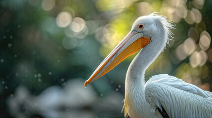A pelican swims on the lake.