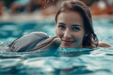 dolphin therapy. girl or young woman with a dolphin swimming in the pool.
